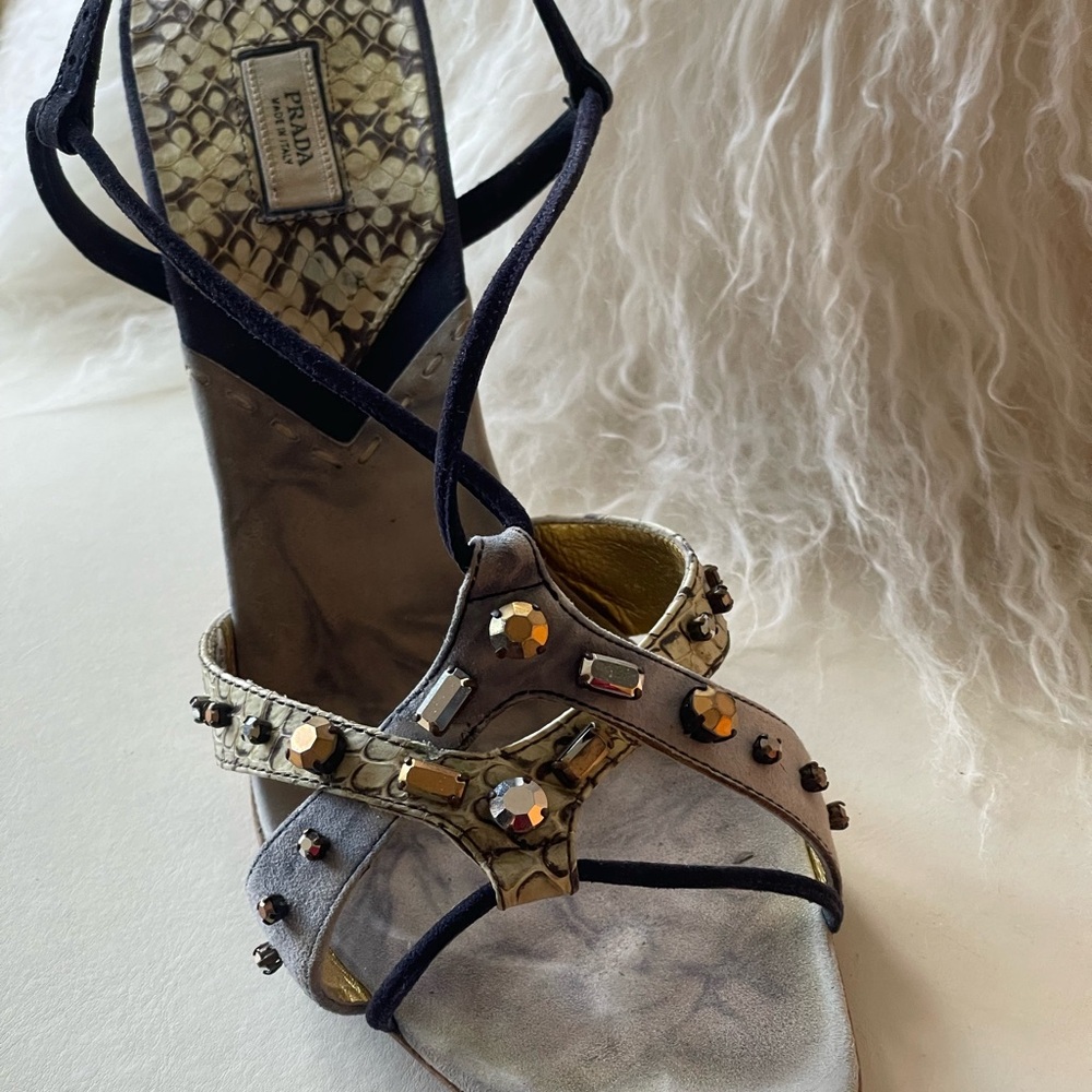 Vintage Prada Women's Strappy Heels - Black and Gold - Picture 15 of 16